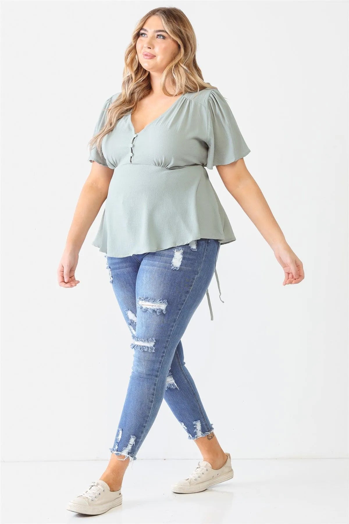 Junior Plus Sage Tie Detail Flare Top /1-1-1 - Tasha Apparel Wholesale