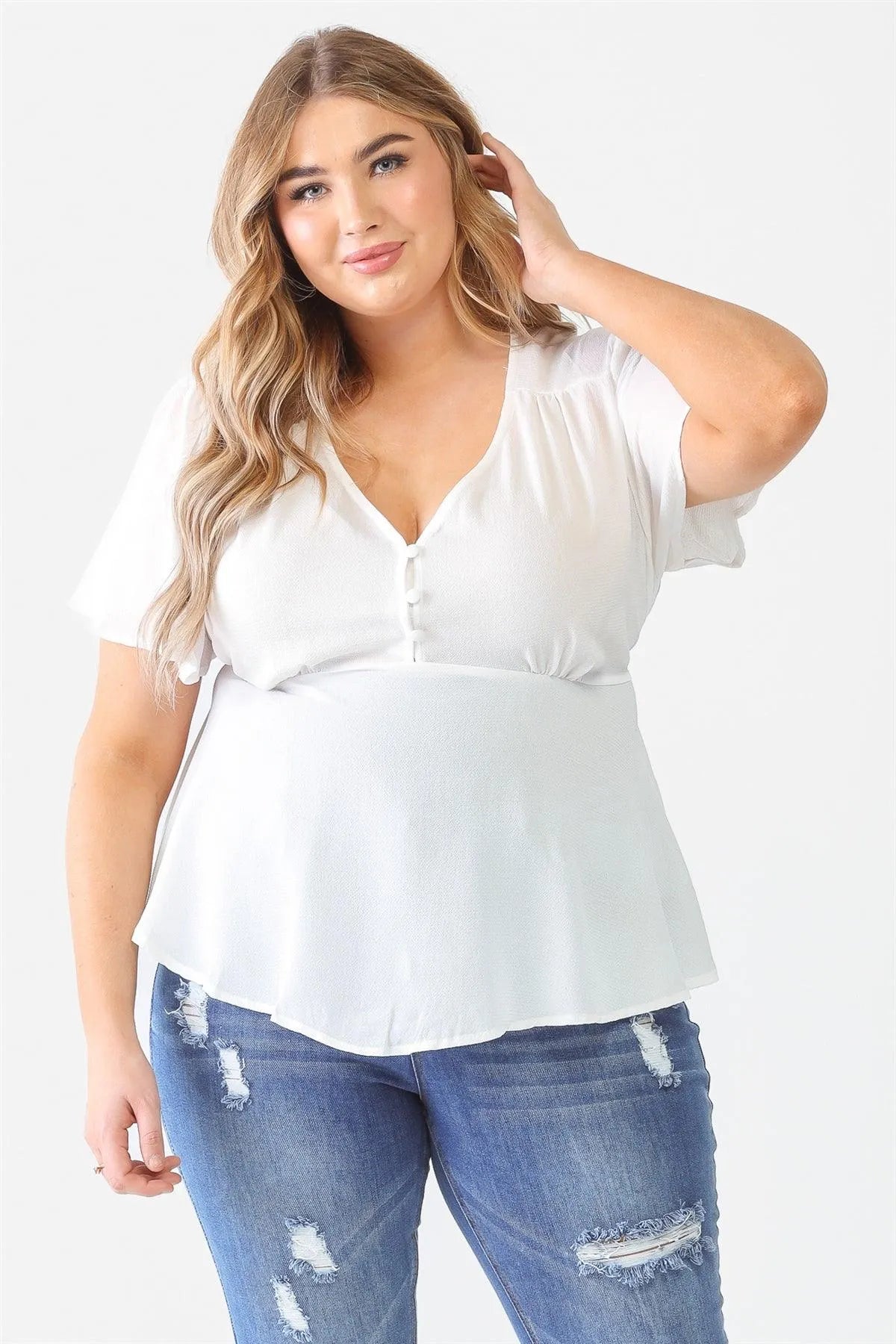 Junior Plus Size White Tie Detail Flare Top - Tasha Apparel Wholesale