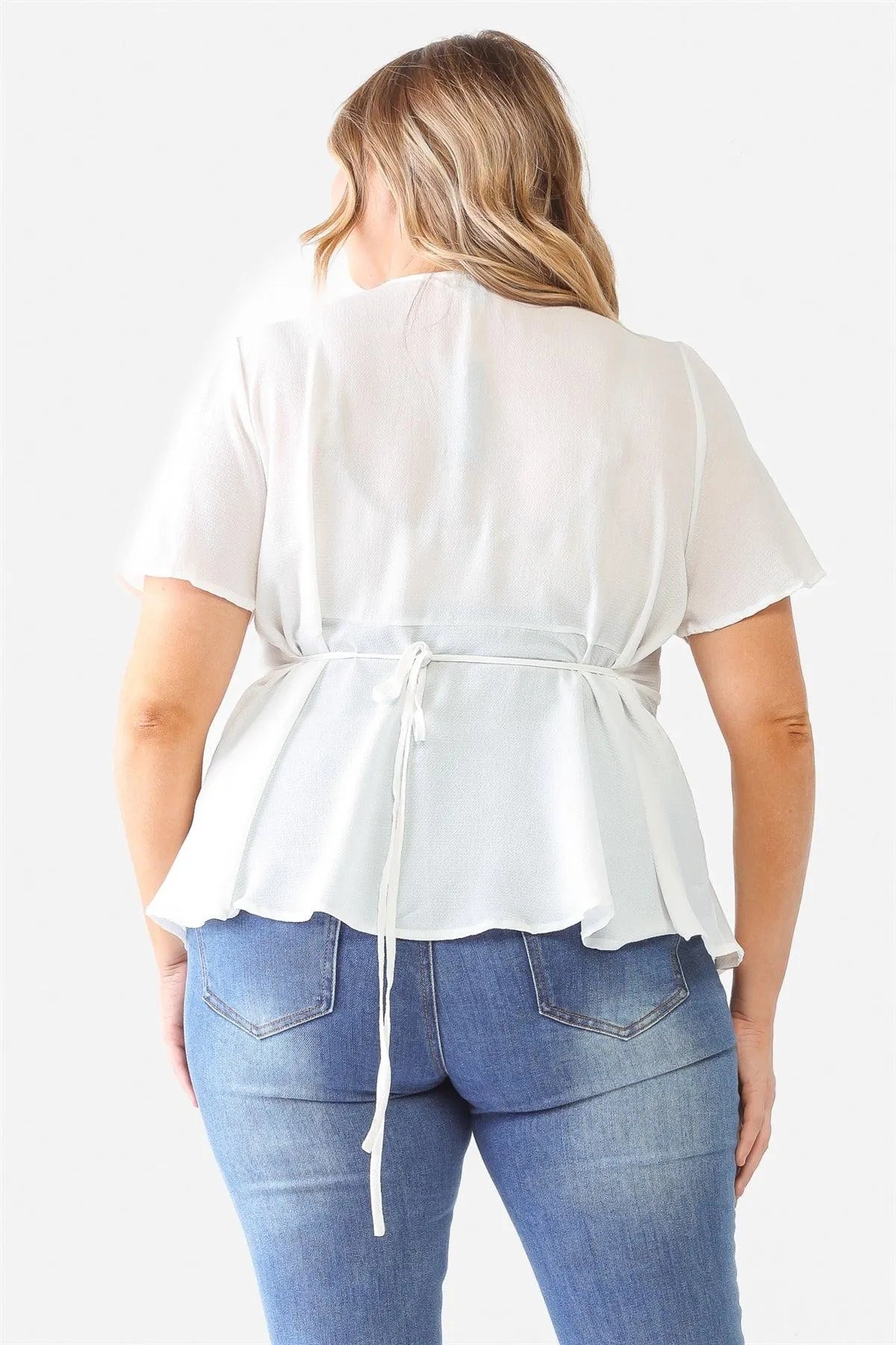 Junior Plus White Tie Detail Flare Top /1-2-1 - Tasha Apparel Wholesale