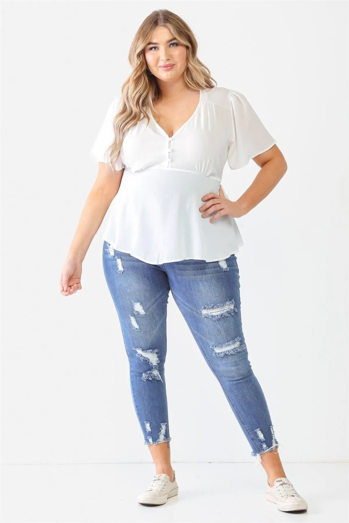 Junior Plus White Tie Detail Flare Top /1-2-1 - Tasha Apparel Wholesale