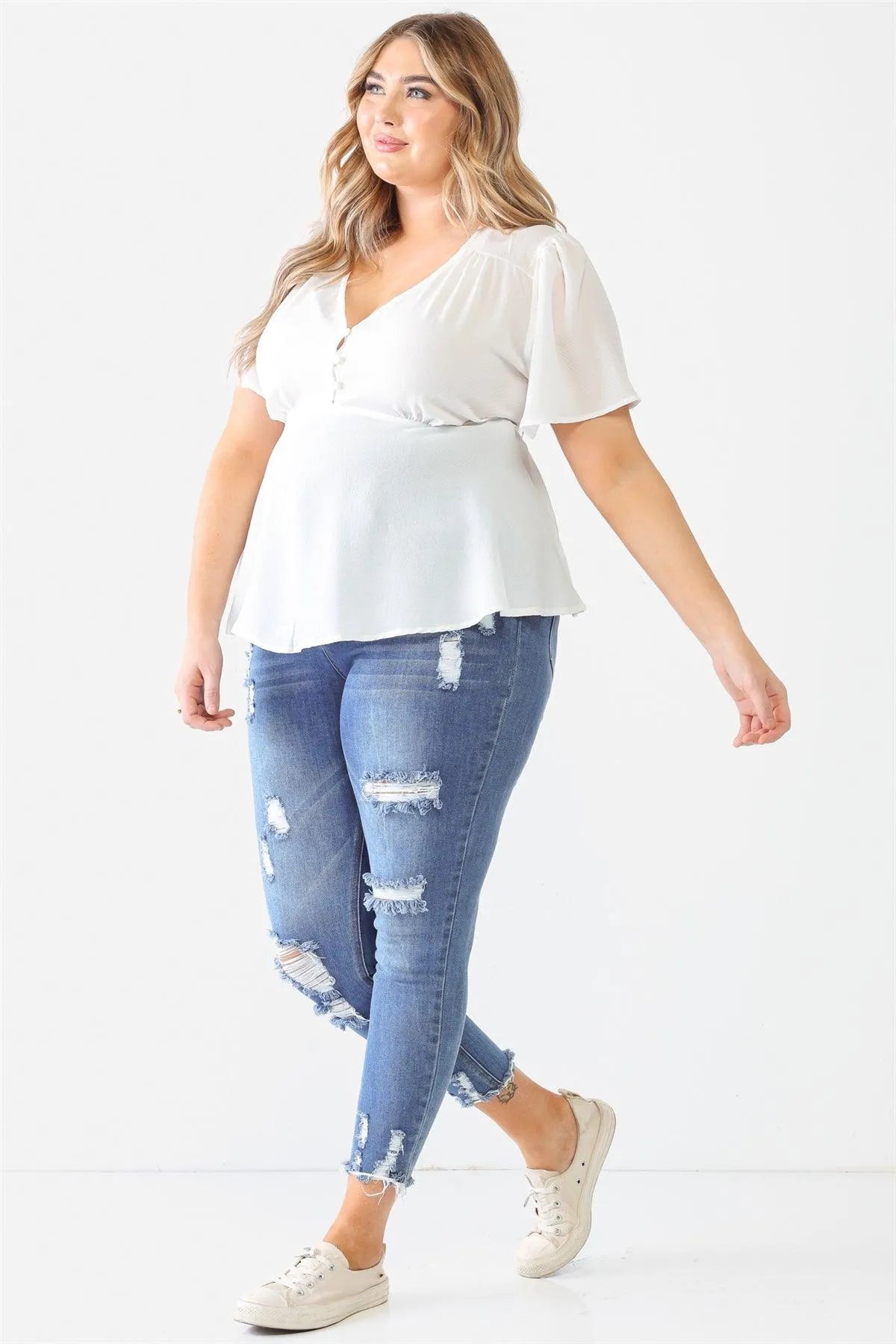 Junior Plus White Tie Detail Flare Top /1-2-1 - Tasha Apparel Wholesale