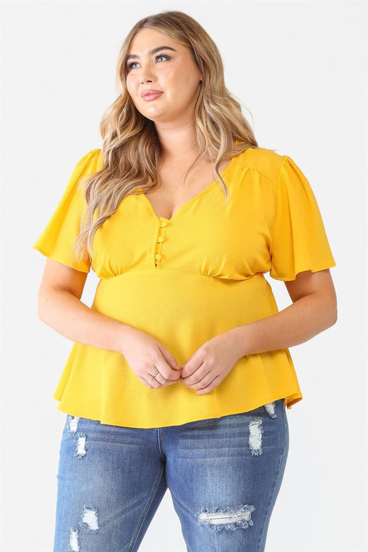 Junior Plus Yellow Tie Detail Flare Top /1-1-1 - Tasha Apparel Wholesale