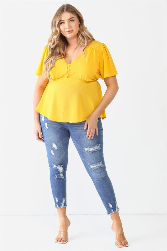Junior Plus Yellow Tie Detail Flare Top /2-1-1 - Tasha Apparel Wholesale
