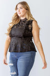 Junior Plus Black Lace Mesh Ruffle Detail Sleeveless Flare Hem Top /1-1-1 - Tasha Apparel Wholesale