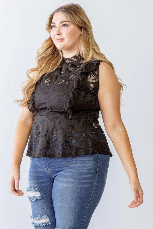 Junior Plus Black Lace Mesh Ruffle Detail Sleeveless Flare Hem Top /1-1-1 - Tasha Apparel Wholesale