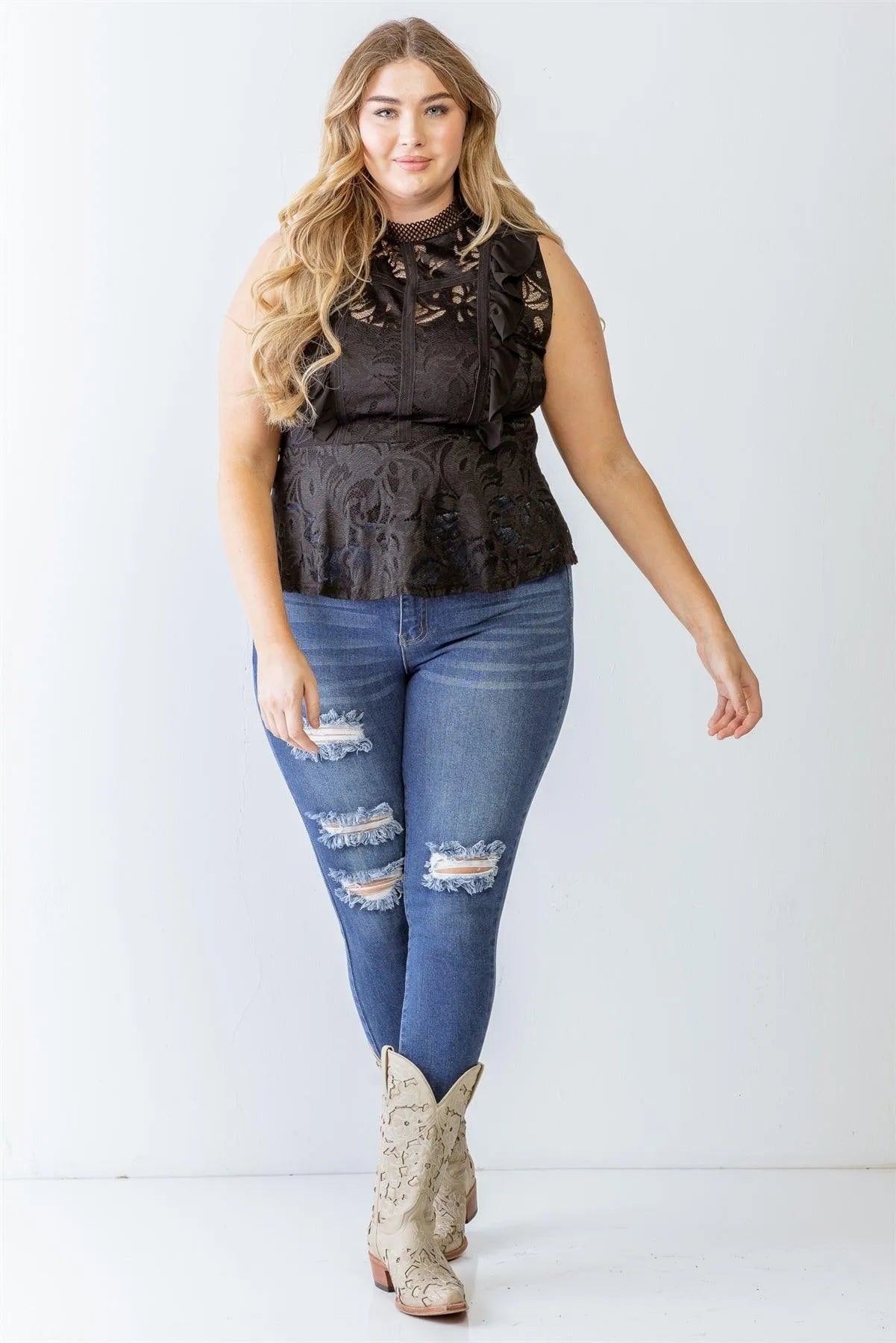 Junior Plus Black Lace Mesh Ruffle Detail Sleeveless Flare Hem Top /1-1-1 - Tasha Apparel Wholesale