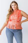 Junior Plus Coral Lace Mesh Ruffle Detail Sleeveless Flare Hem Top /1-1-1 - Tasha Apparel Wholesale