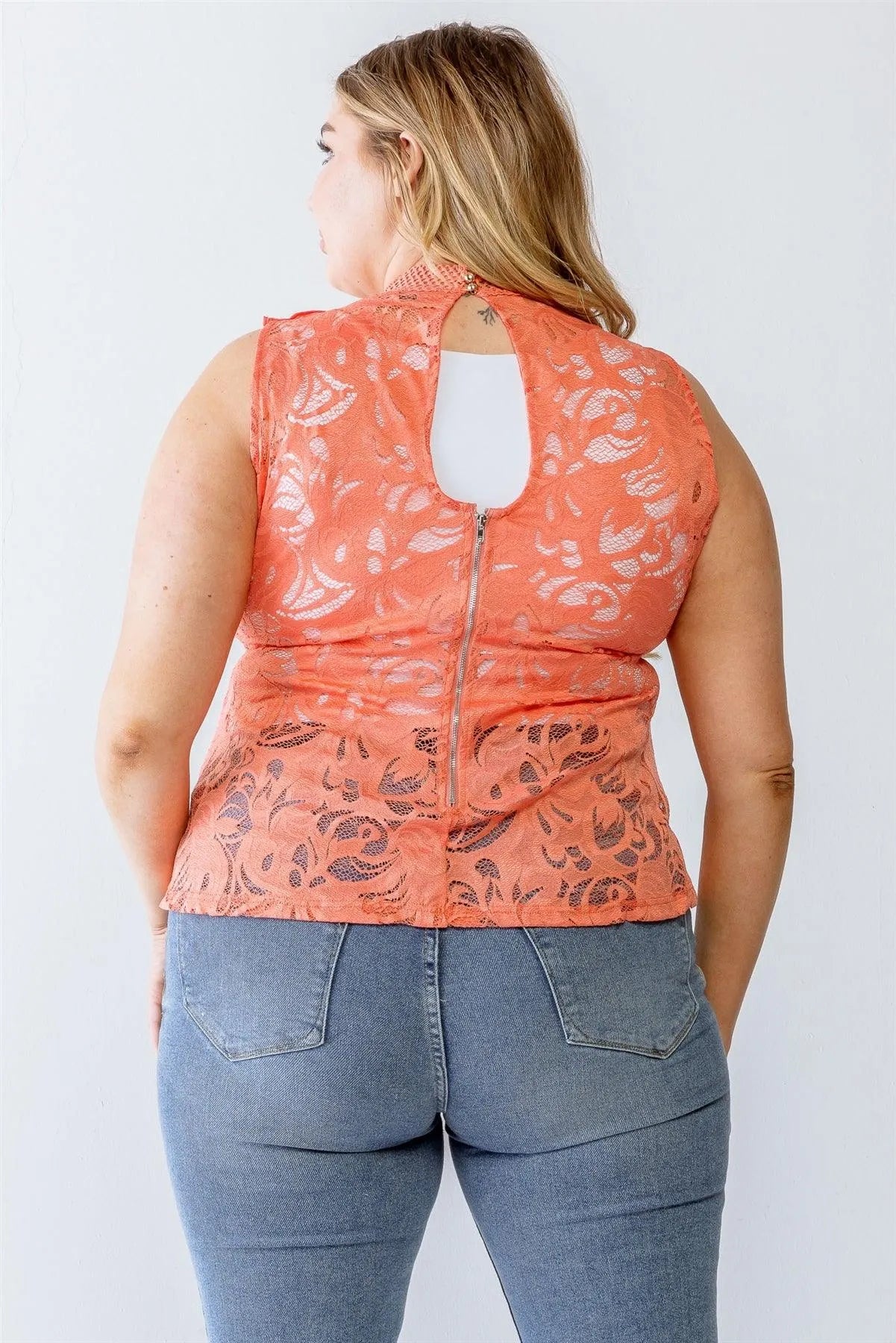 Junior Plus Coral Lace Mesh Ruffle Detail Sleeveless Flare Hem Top /1-1-1 - Tasha Apparel Wholesale