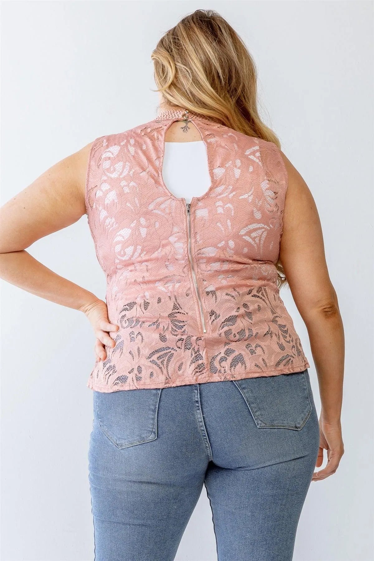 Junior Plus Mauve Lace Mesh Ruffle Detail Sleeveless Flare Hem Top /1-1-1 - Tasha Apparel Wholesale