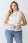 Junior Plus White Lace Mesh Ruffle Detail Sleeveless Flare Hem Top /1-1-1 - Tasha Apparel Wholesale