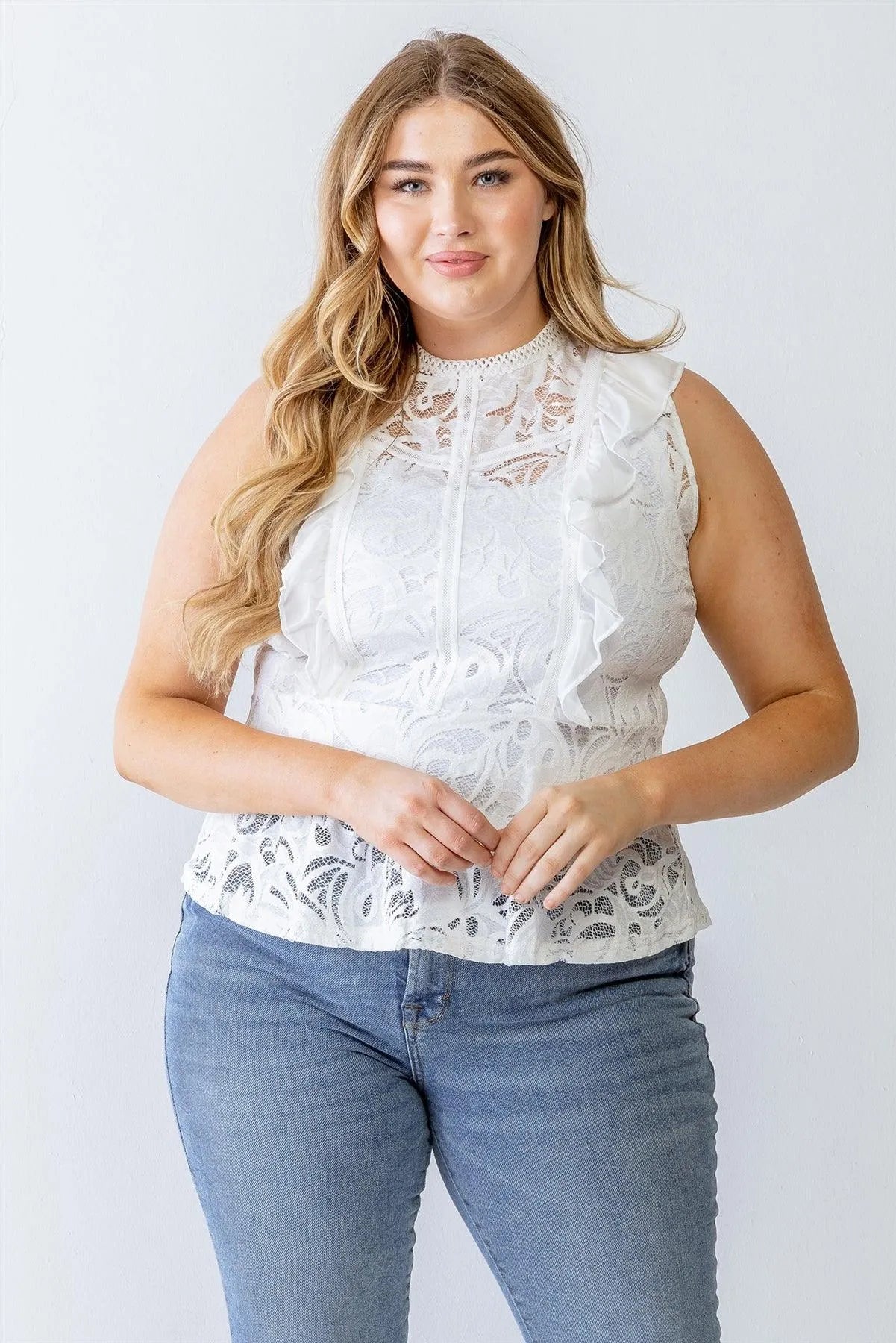 Junior Plus White Lace Mesh Ruffle Detail Sleeveless Flare Hem Top /1-1-1 - Tasha Apparel Wholesale