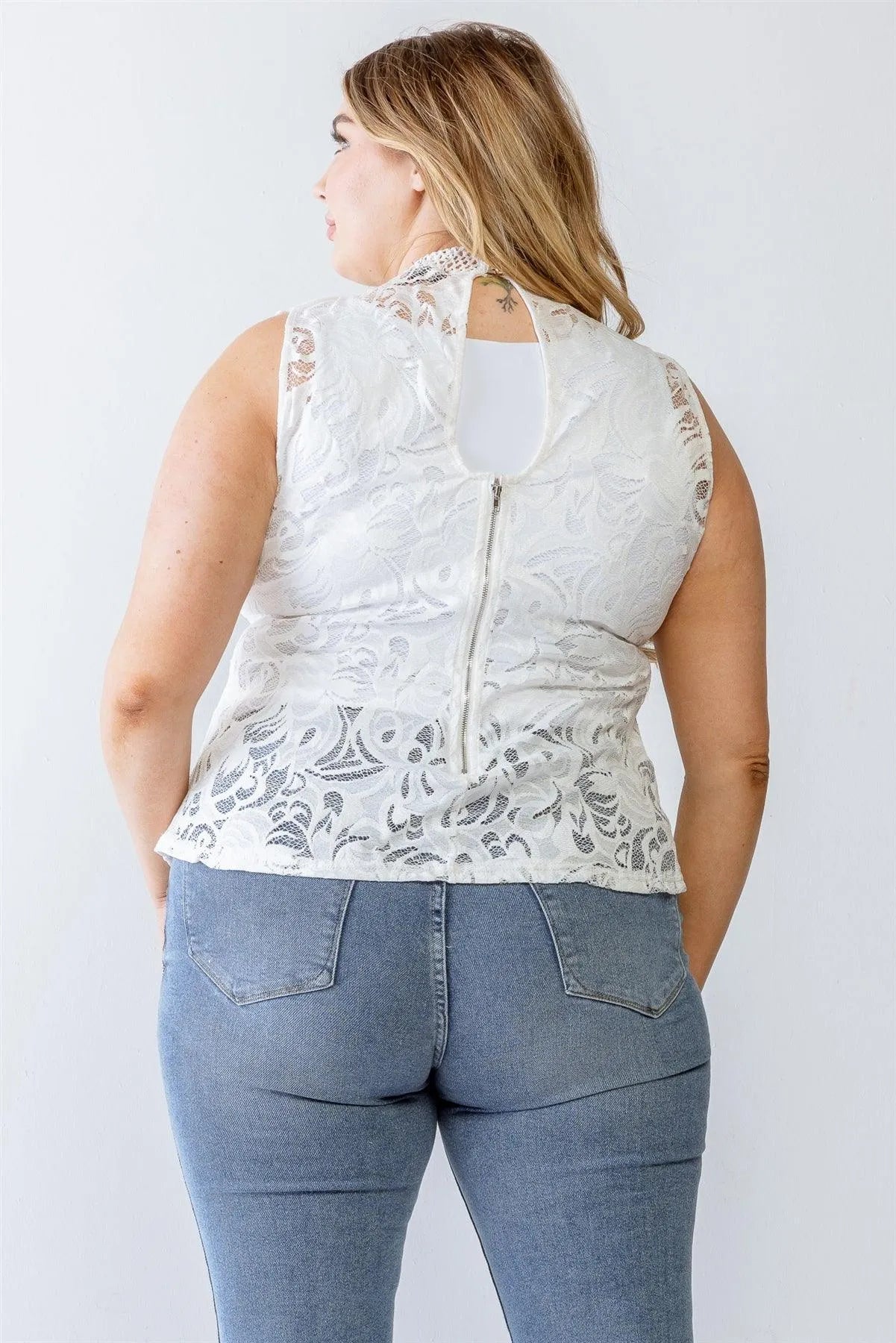 Junior Plus White Lace Mesh Ruffle Detail Sleeveless Flare Hem Top /1-1-1 - Tasha Apparel Wholesale