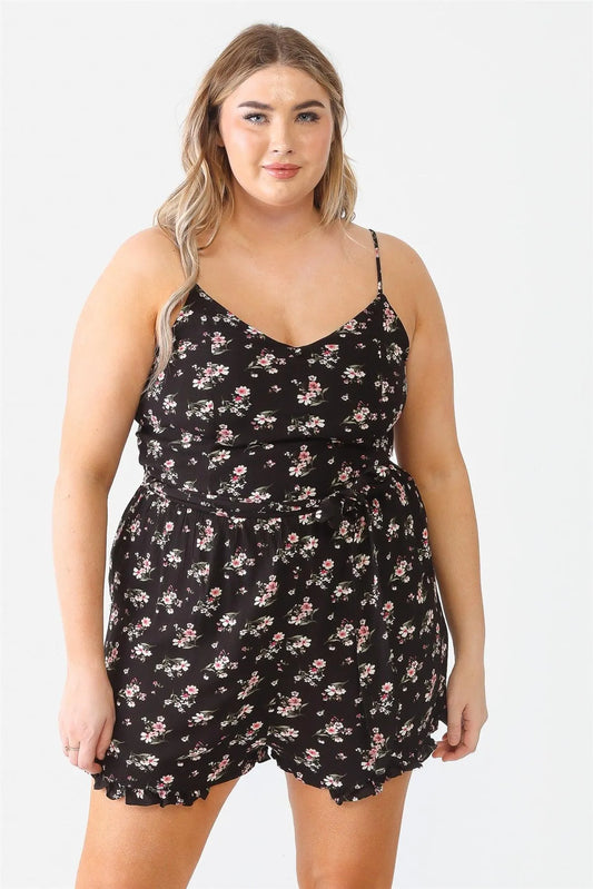 Junior Plus Size Flower Button Belted Ruffle Romper - Tasha Apparel Wholesale