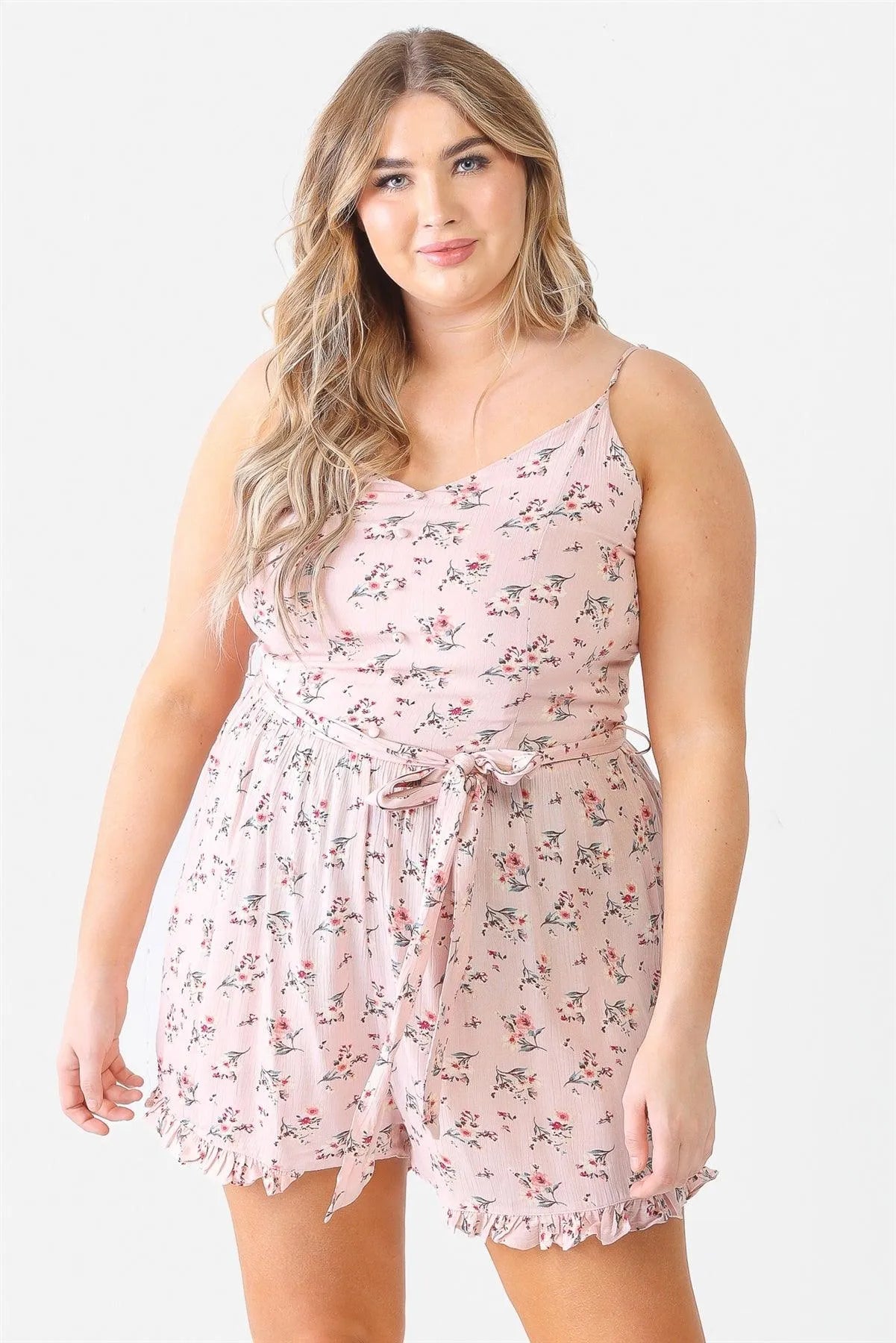 Plus Size Mauve Flower Button Belted Ruffle Romper - Tasha Apparel Wholesale