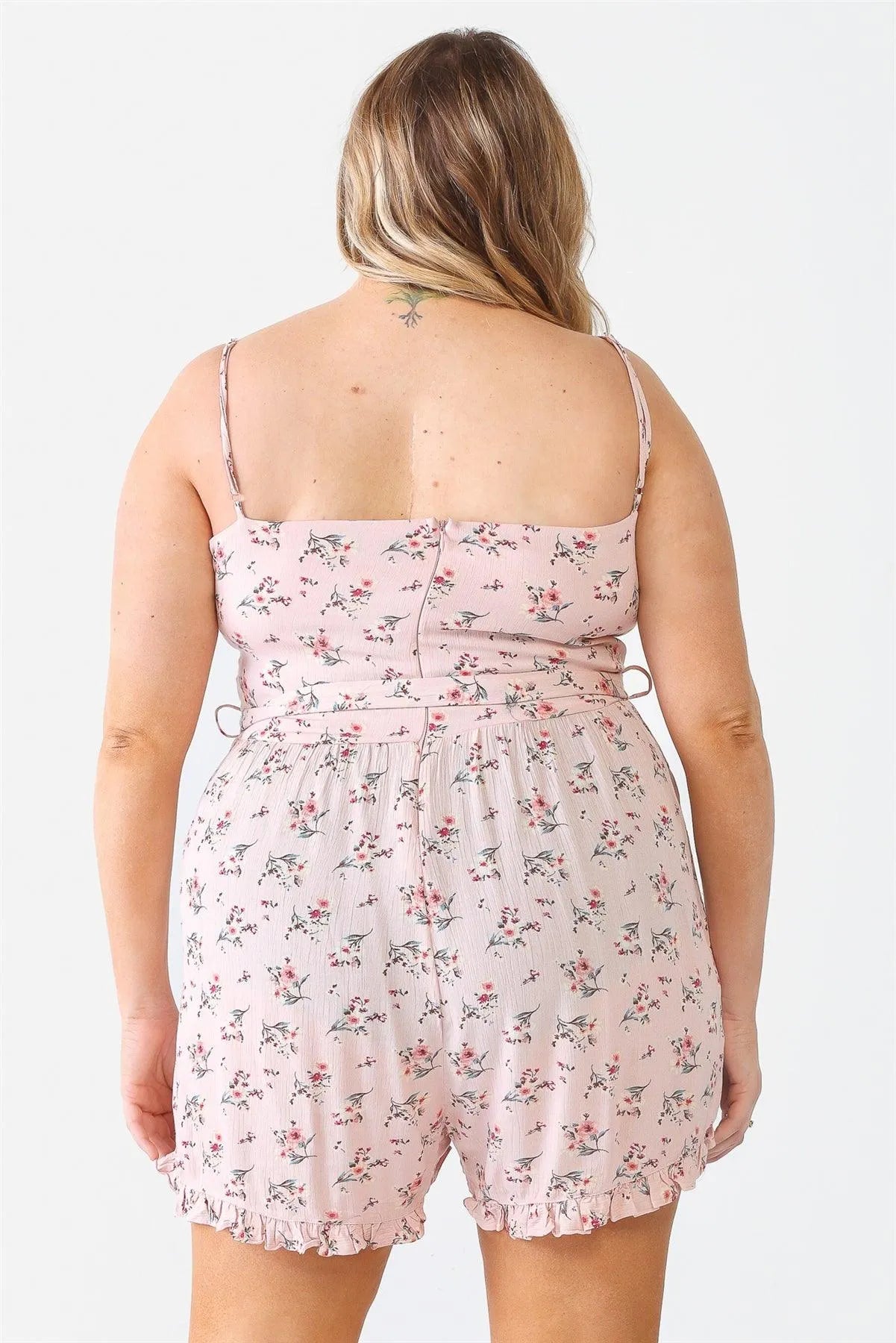 Plus Size Mauve Flower Button Belted Ruffle Romper - Tasha Apparel Wholesale