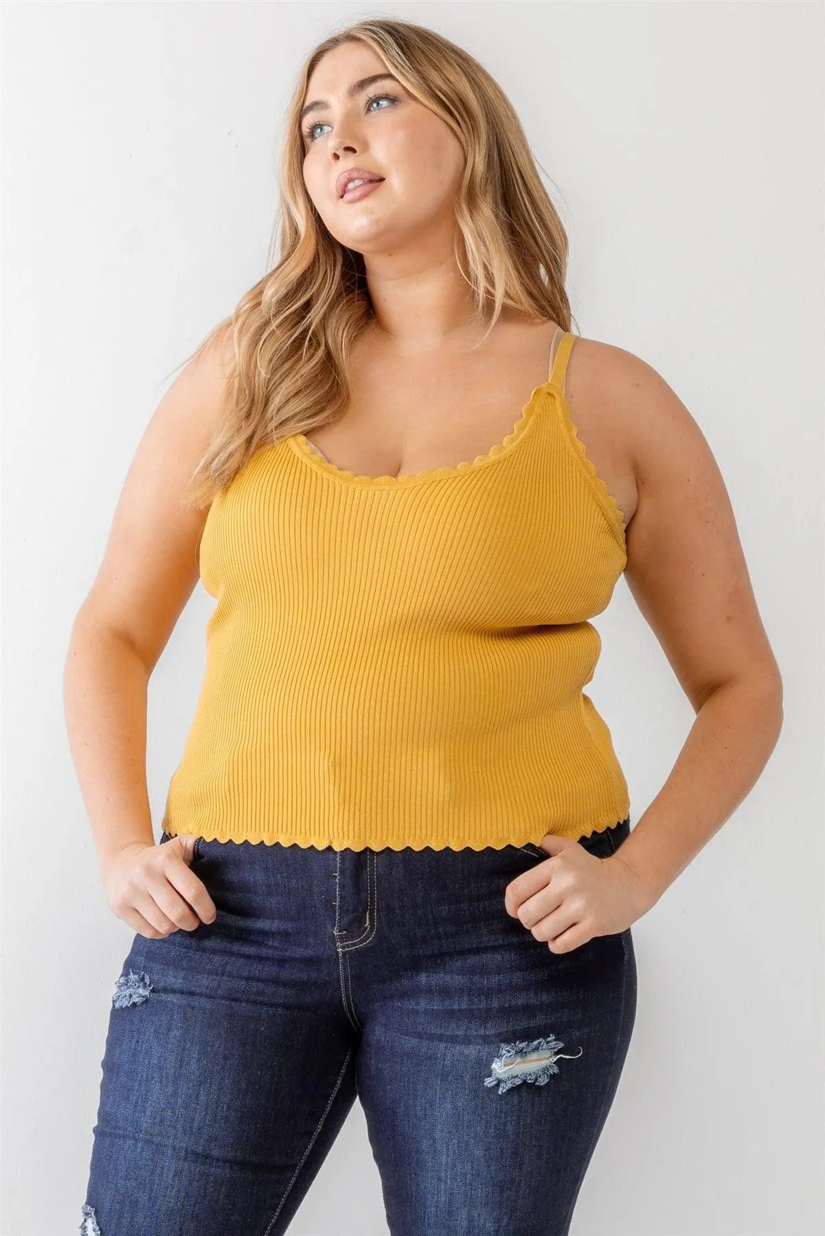 Junior Plus Mustard Ribbed Ruffle Strappy Top /1-1-1 - Tasha Apparel Wholesale