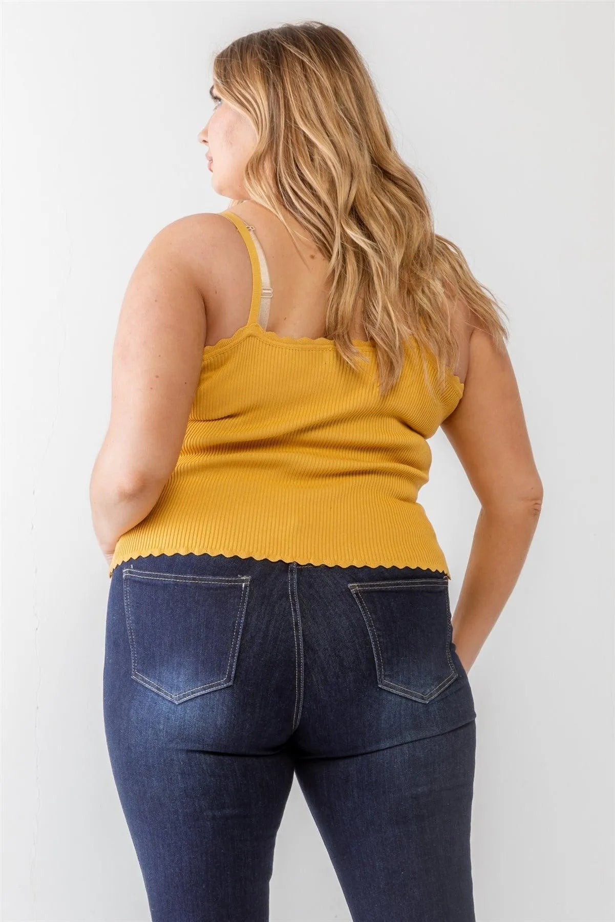 Junior Plus Mustard Ribbed Ruffle Strappy Top /1-1-1 - Tasha Apparel Wholesale