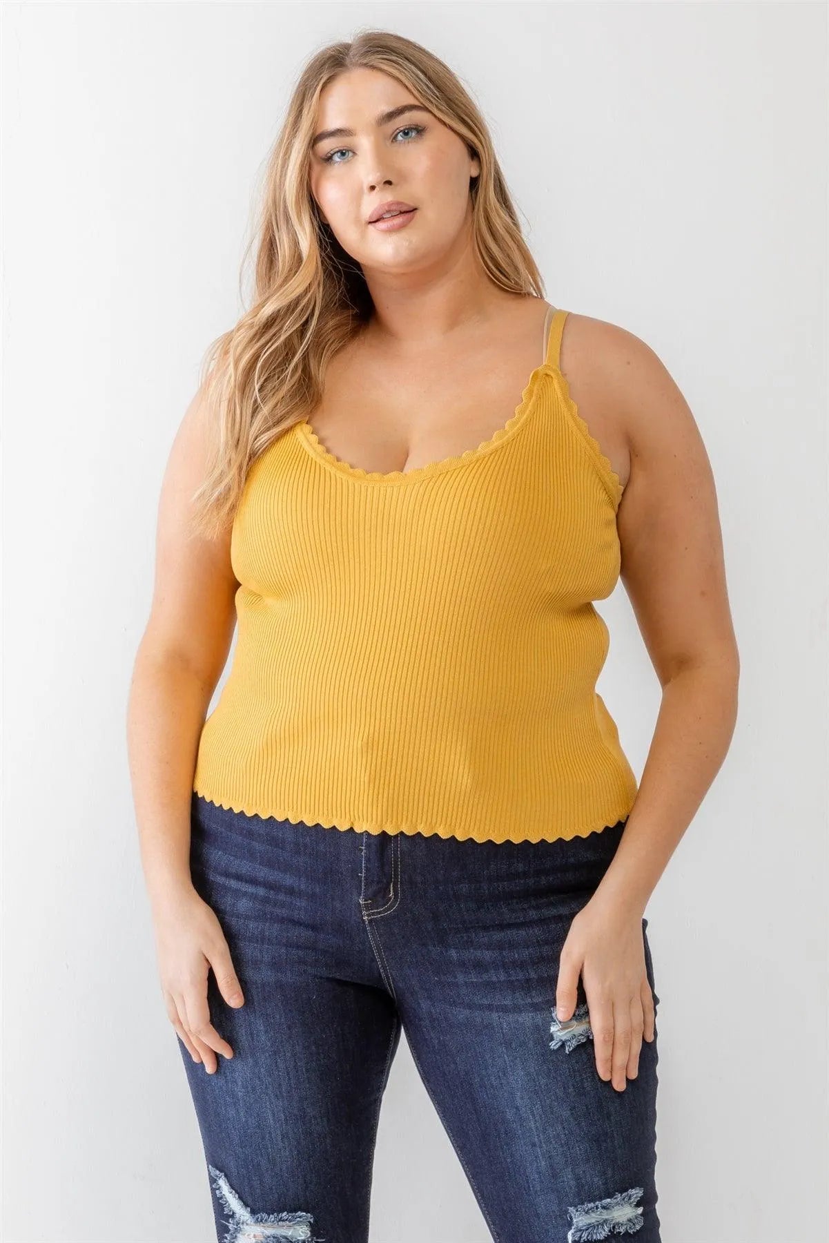 Junior Plus Mustard Ribbed Ruffle Strappy Top /1-1-1 - Tasha Apparel Wholesale