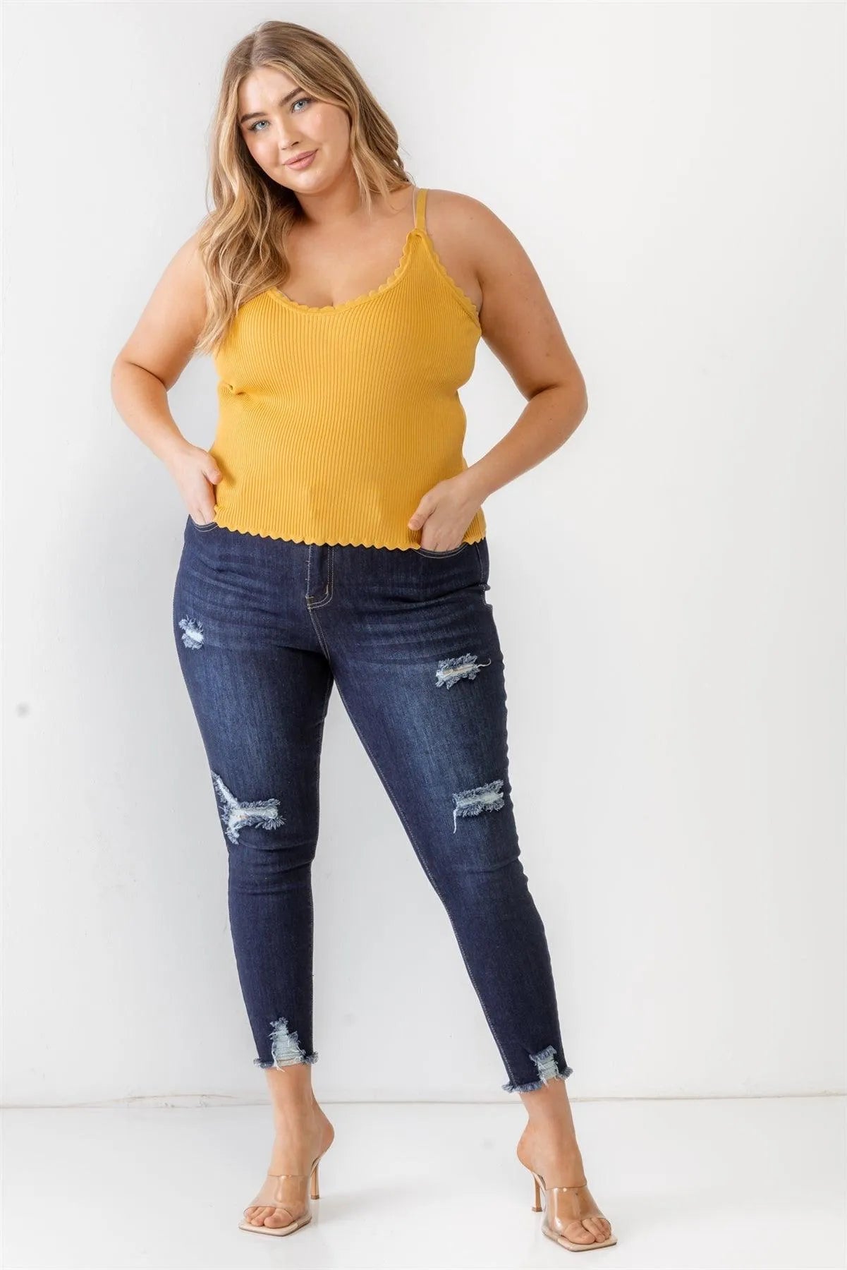 Junior Plus Mustard Ribbed Ruffle Strappy Top /1-1-1 - Tasha Apparel Wholesale