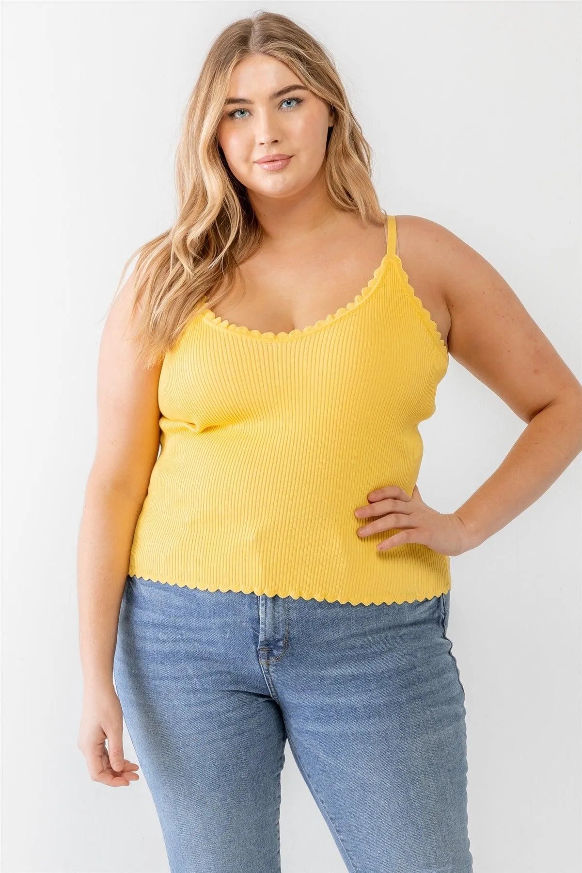 Plus Size Yellow Striped Ribbed Ruffle Tank Top - Tasha Apparel Wholesale