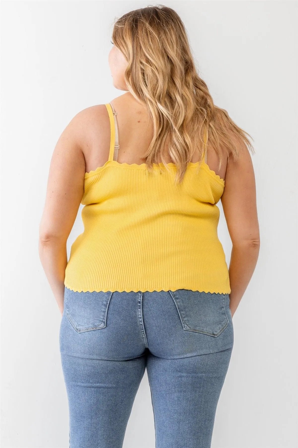 Plus Size Yellow Striped Ribbed Ruffle Tank Top - Tasha Apparel Wholesale