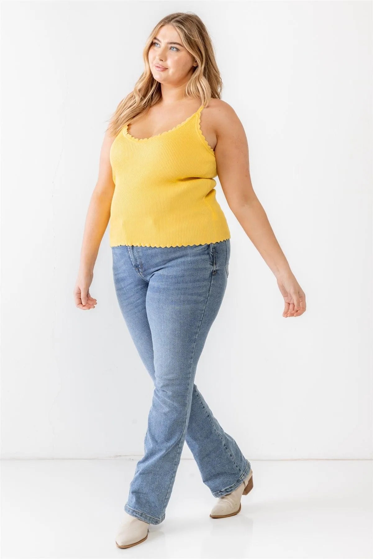 Plus Size Yellow Striped Ribbed Ruffle Tank Top - Tasha Apparel Wholesale