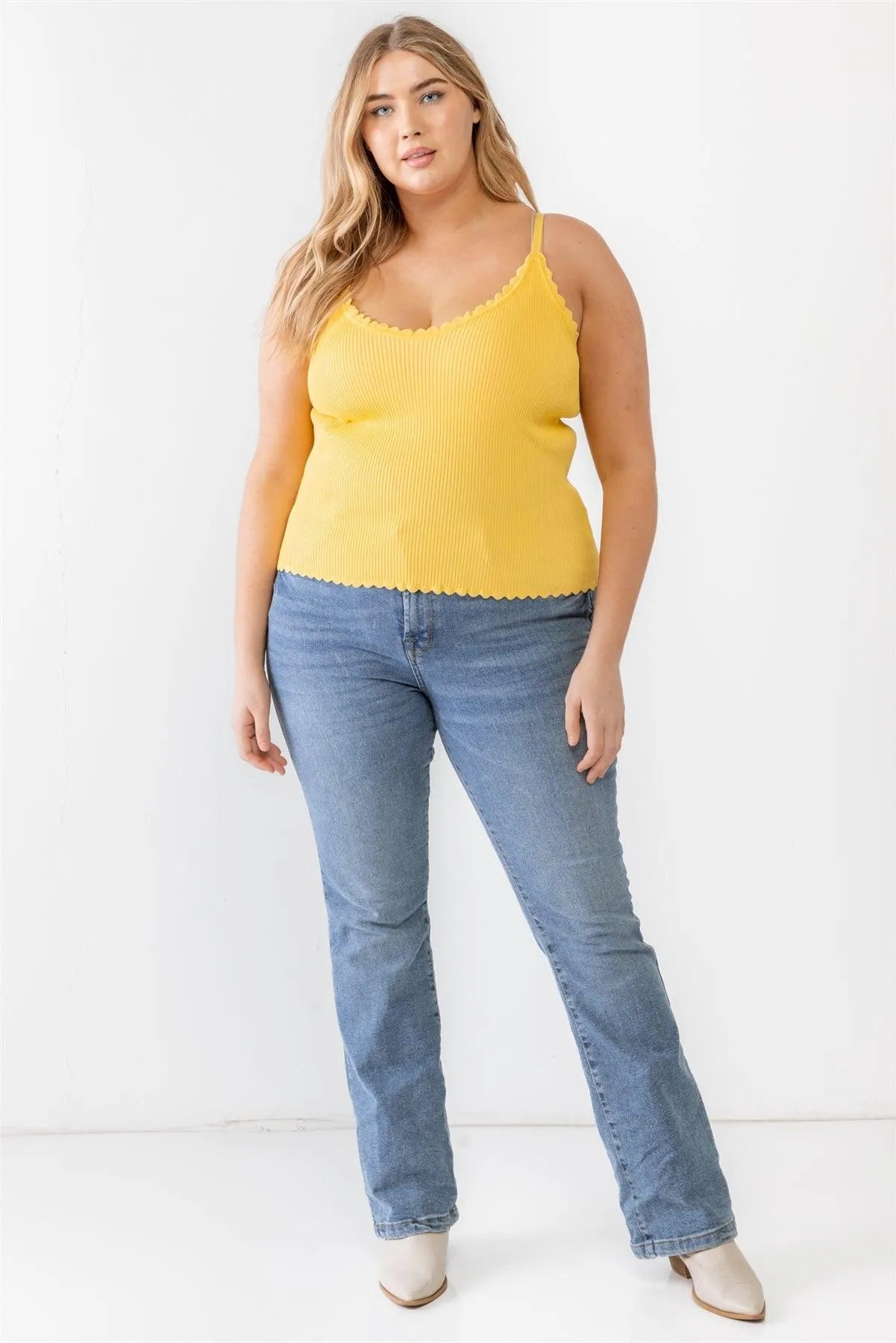 Plus Size Yellow Striped Ribbed Ruffle Tank Top - Tasha Apparel Wholesale