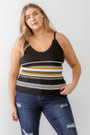 Plus Size Black Striped Ribbed Ruffle Tank Top - Tasha Apparel Wholesale