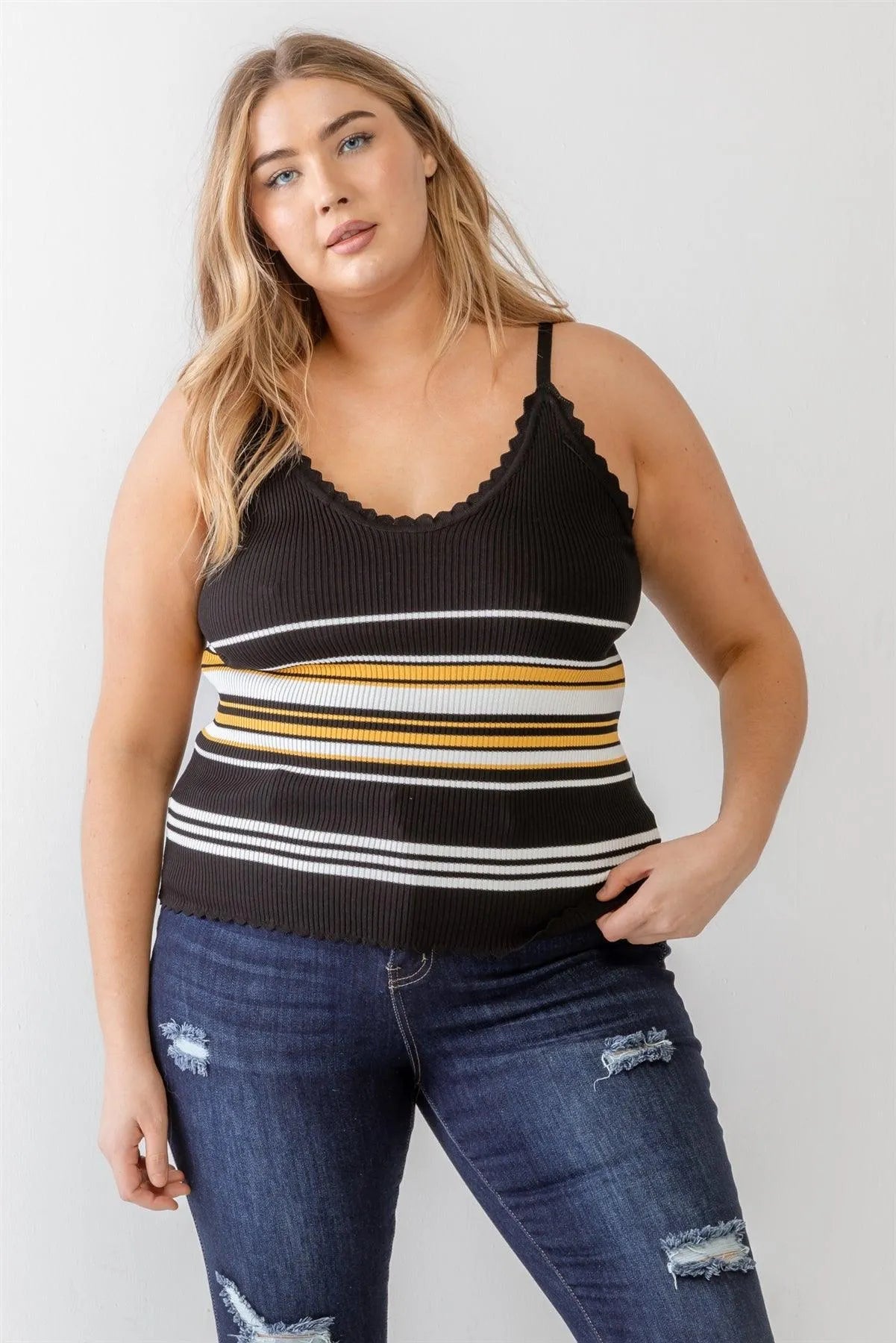 Plus Size Black Striped Ribbed Ruffle Tank Top - Tasha Apparel Wholesale