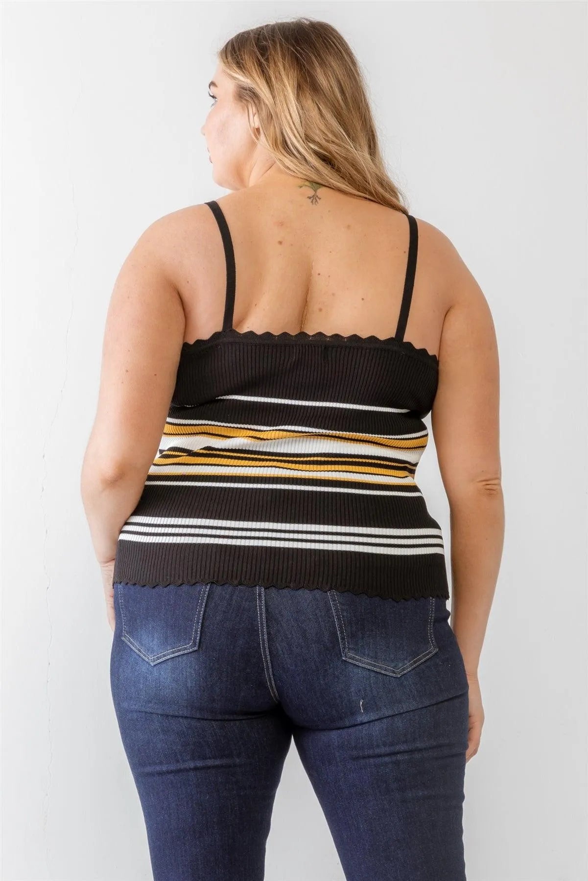 Plus Size Black Striped Ribbed Ruffle Tank Top - Tasha Apparel Wholesale