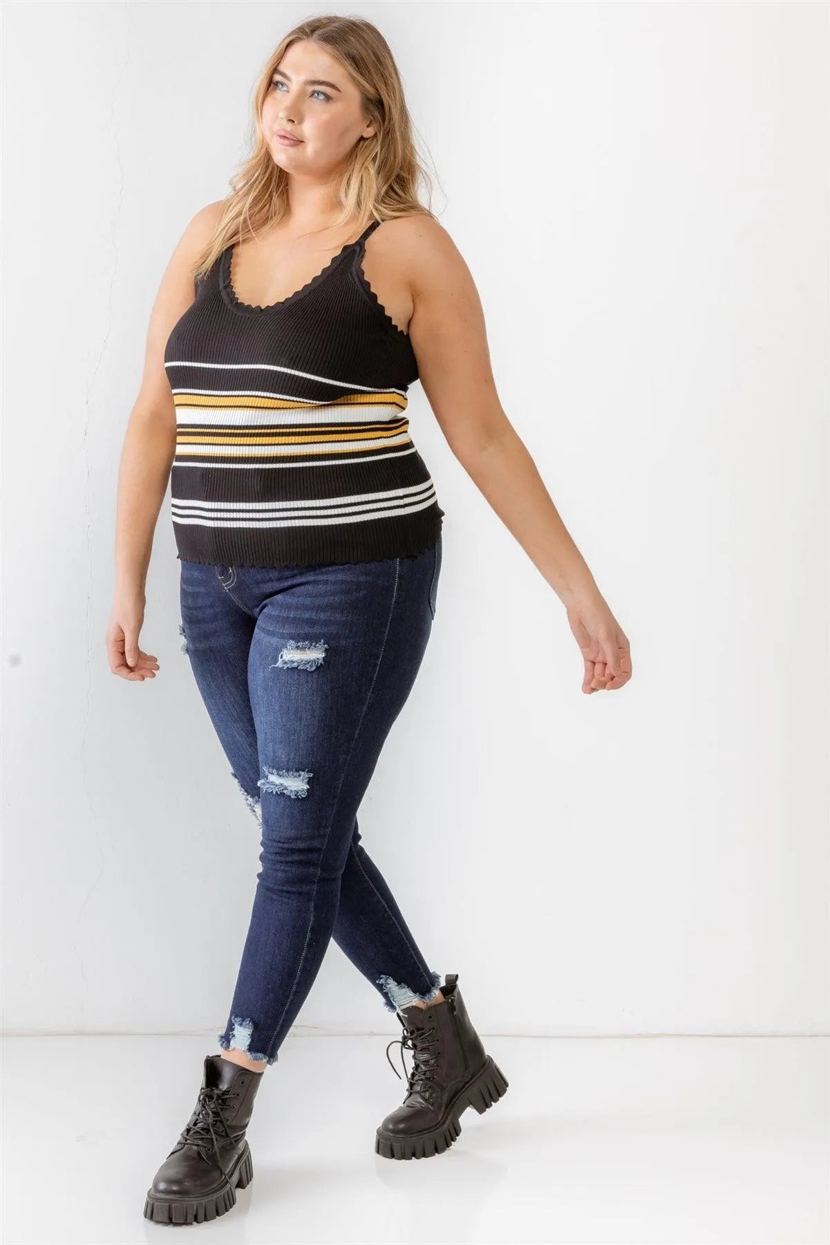 Plus Size Black Striped Ribbed Ruffle Tank Top - Tasha Apparel Wholesale