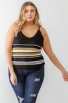 Plus Size Black Striped Ribbed Ruffle Tank Top - Tasha Apparel Wholesale