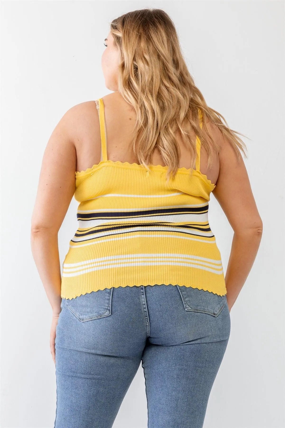 Plus Size Yellow Striped Ribbed Ruffle Tank Top - Tasha Apparel Wholesale