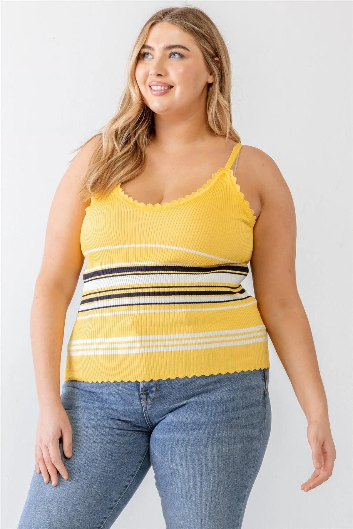 Plus Size Yellow Striped Ribbed Ruffle Tank Top - Tasha Apparel Wholesale
