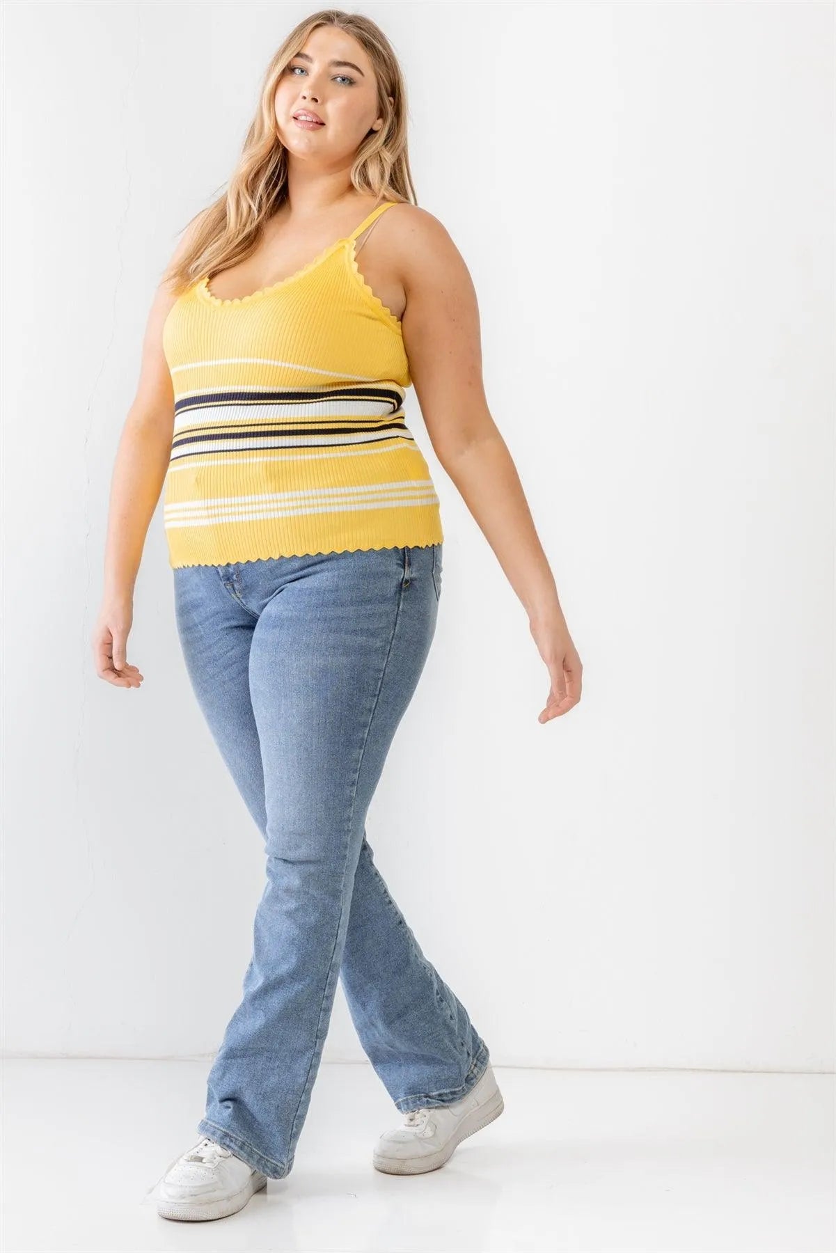 Plus Size Yellow Striped Ribbed Ruffle Tank Top - Tasha Apparel Wholesale
