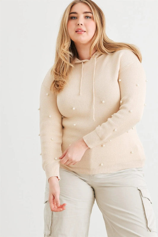 Junior Plus Ivory Knit Pearl Hooded Sweater /1-1-1 - Tasha Apparel Wholesale