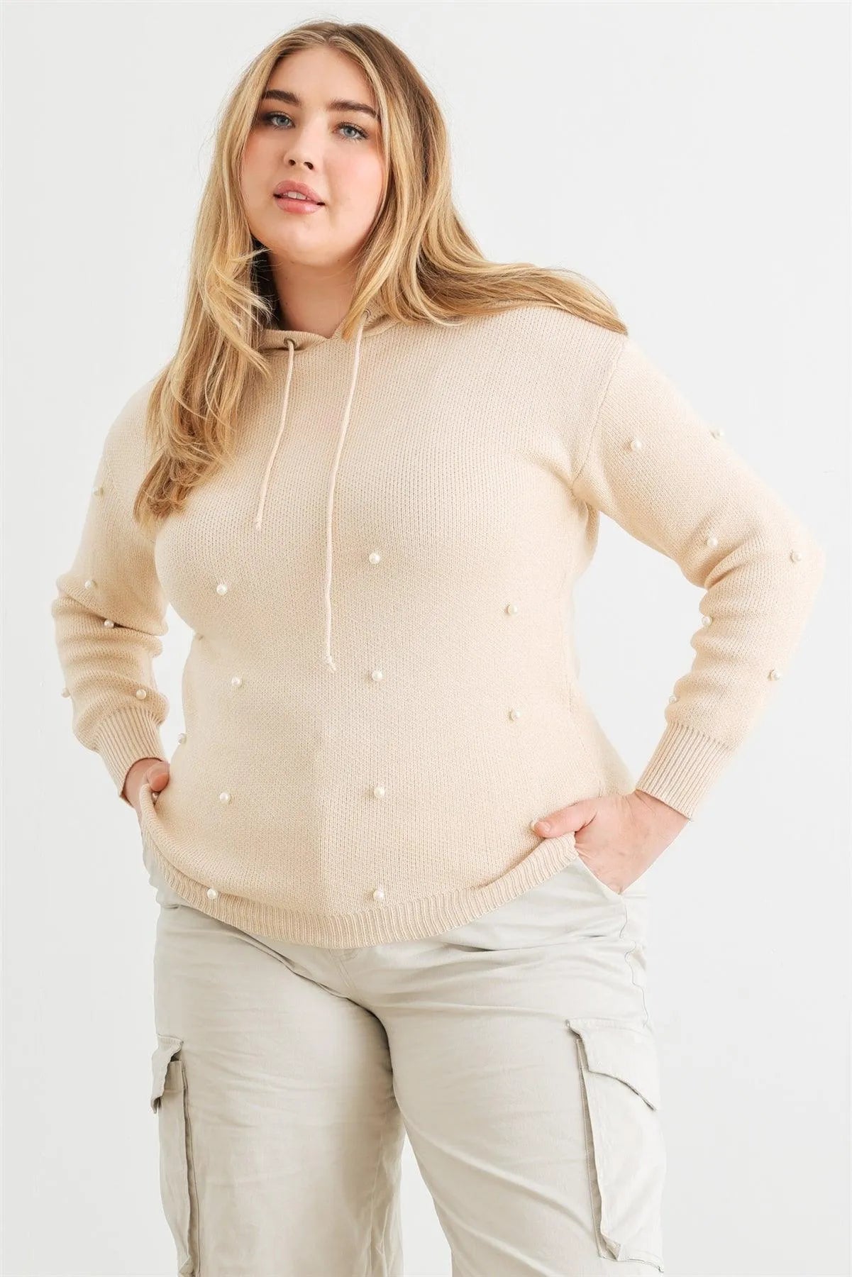 Junior Plus Ivory Knit Pearl Hooded Sweater /1-3-1 - Tasha Apparel Wholesale