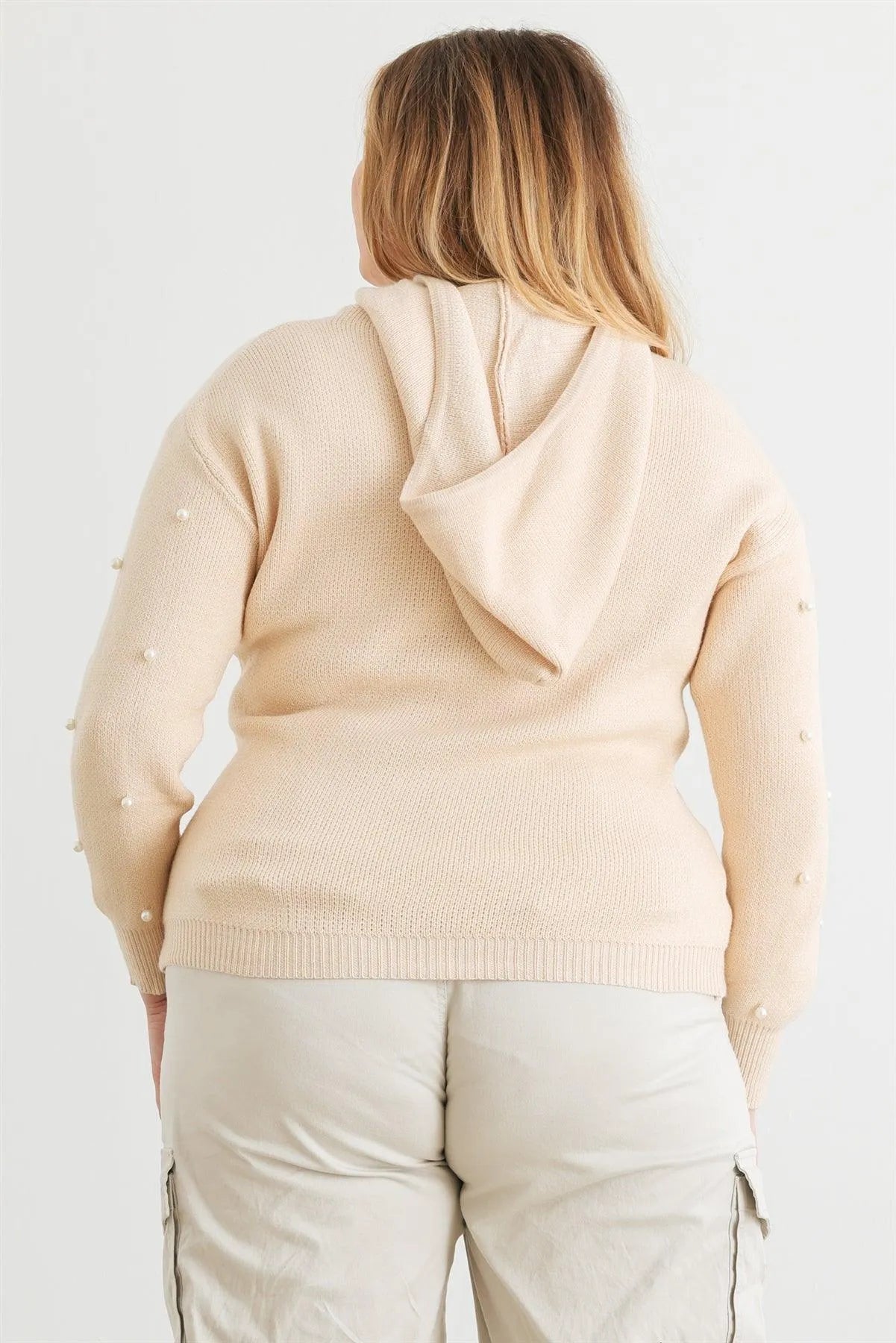 Junior Plus Ivory Knit Pearl Hooded Sweater /1-3-1 - Tasha Apparel Wholesale
