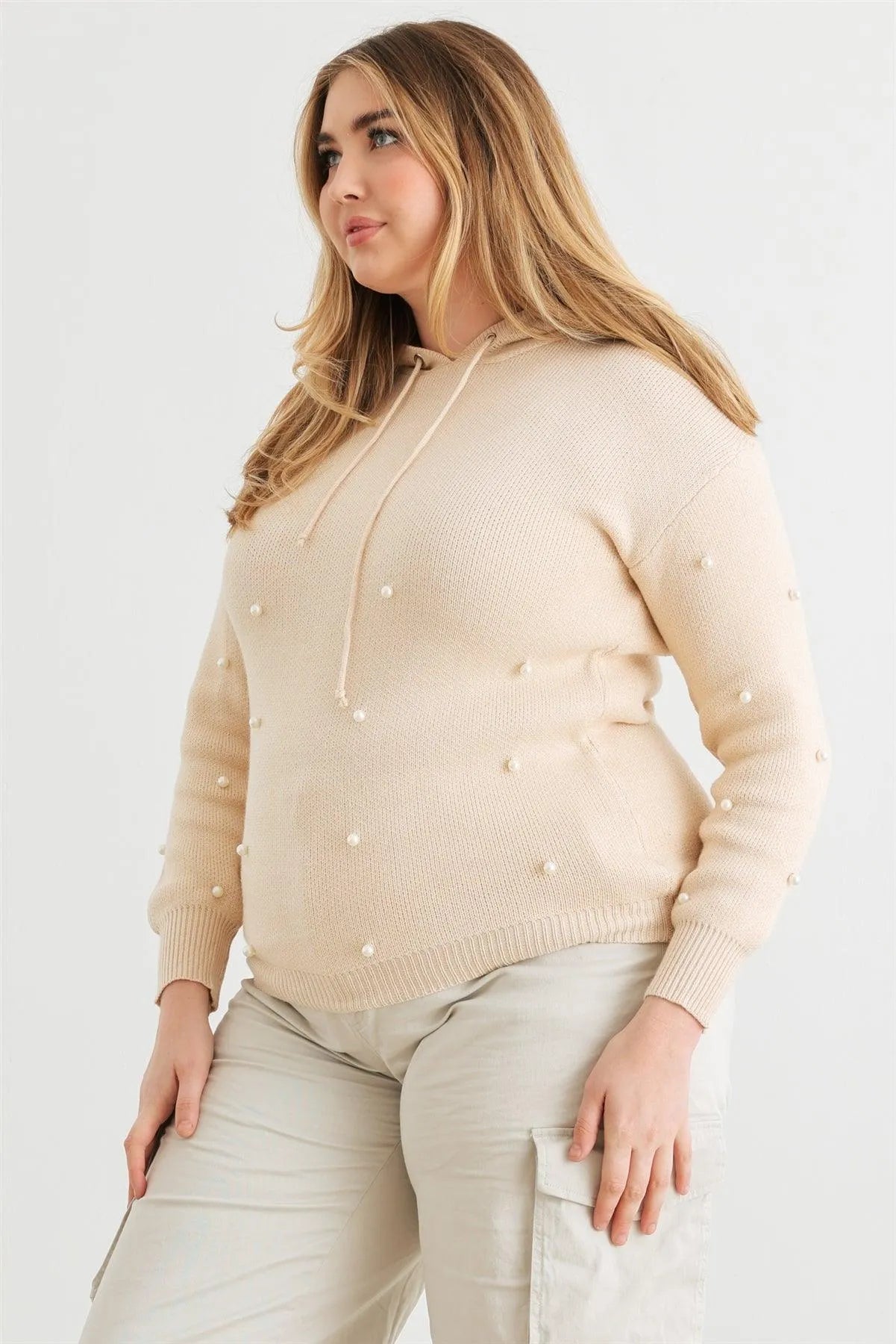 Junior Plus Ivory Knit Pearl Hooded Sweater /1-3-1 - Tasha Apparel Wholesale