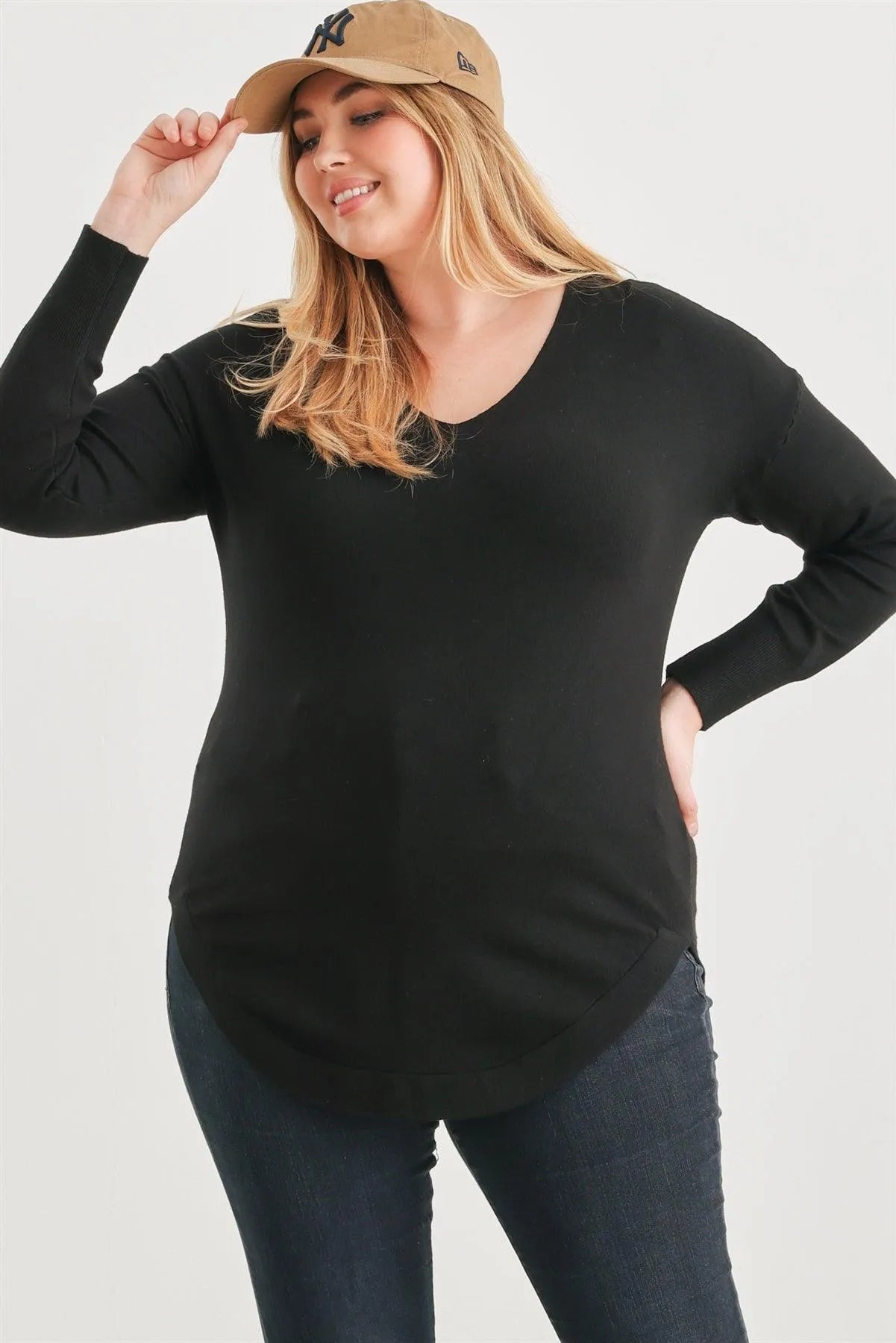Plus Size Black Knit Back Lace-Up Curved Hem Sweater /1-1-1 - Tasha Apparel Wholesale