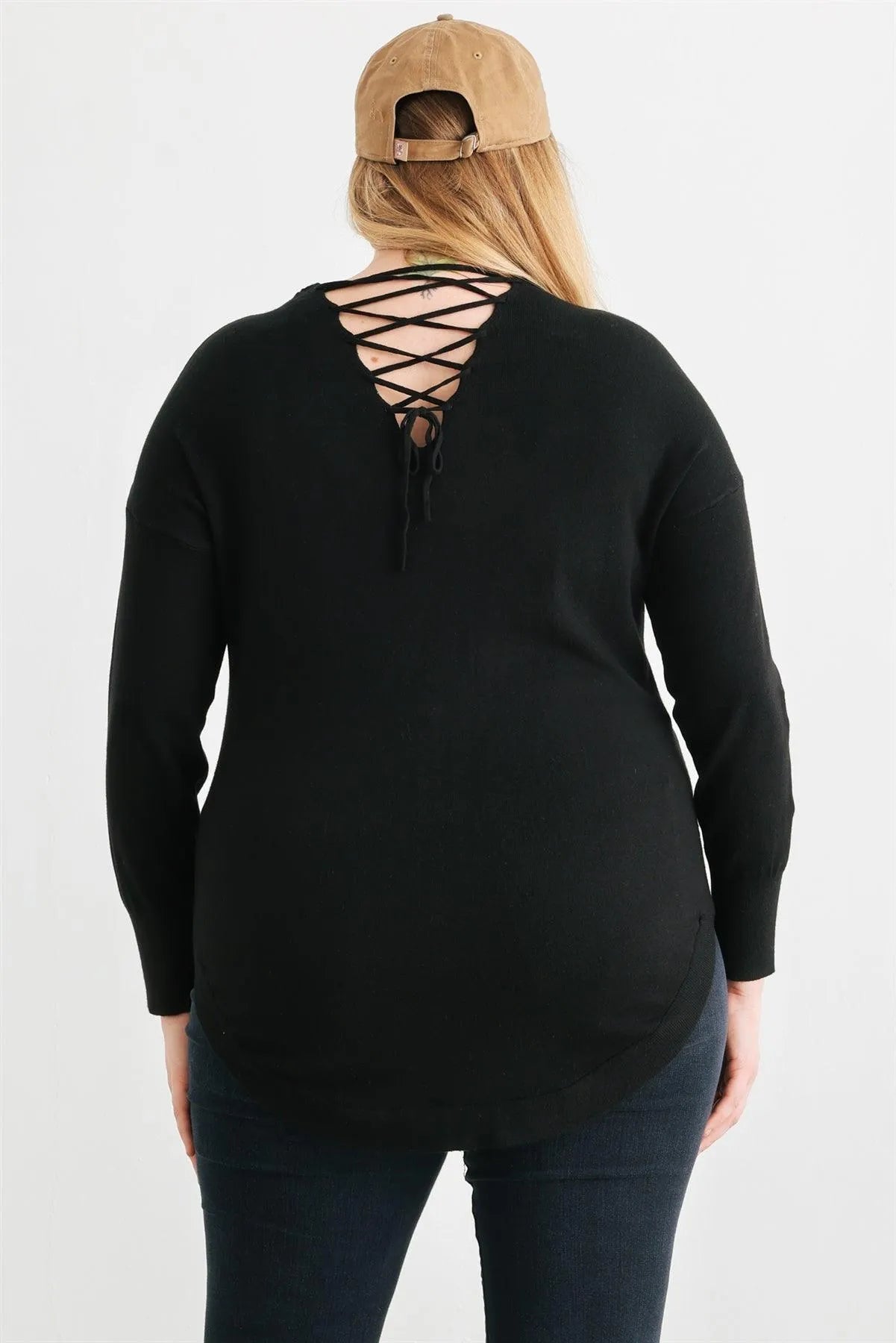 Plus Size Black Knit Back Lace-Up Curved Hem Sweater /1-1-1 - Tasha Apparel Wholesale