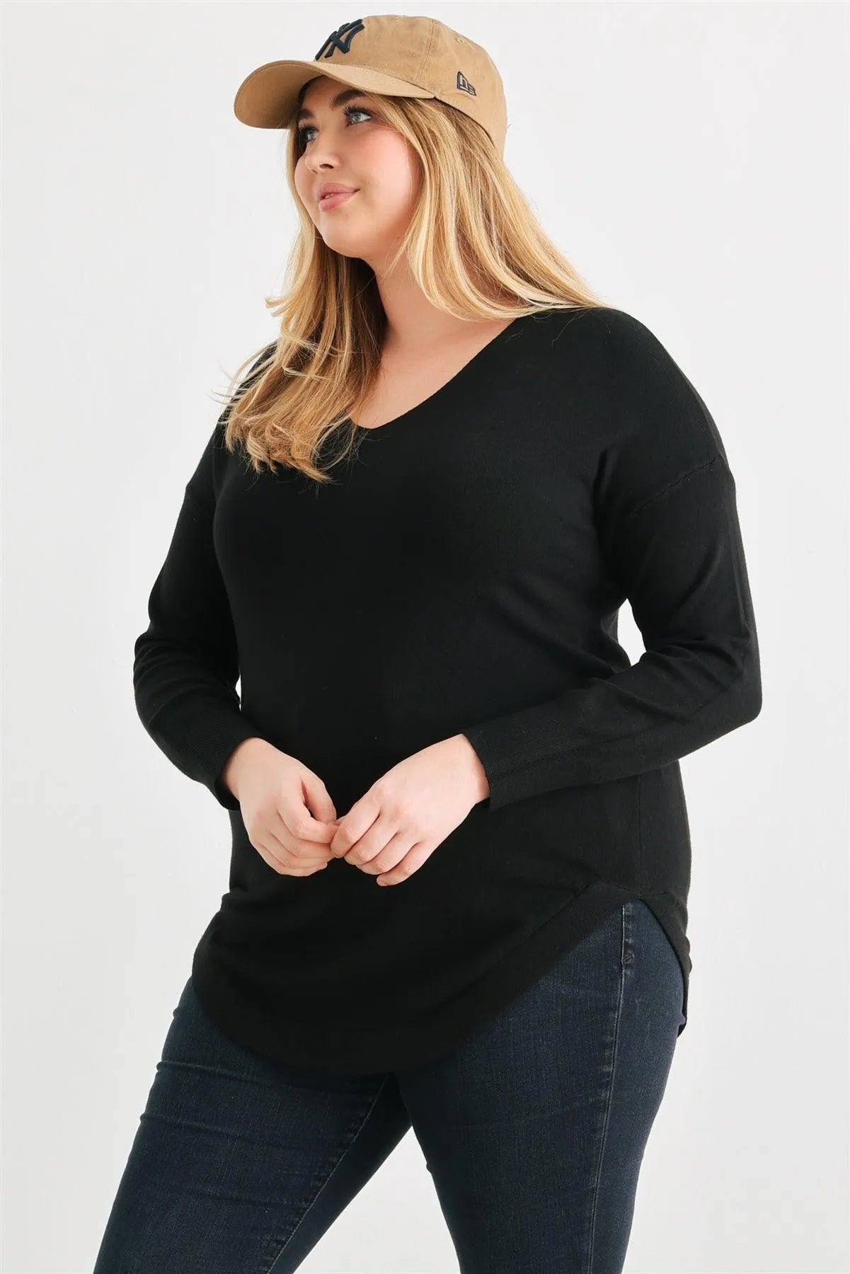 Plus Size Black Knit Back Lace-Up Curved Hem Sweater /1-1-1 - Tasha Apparel Wholesale