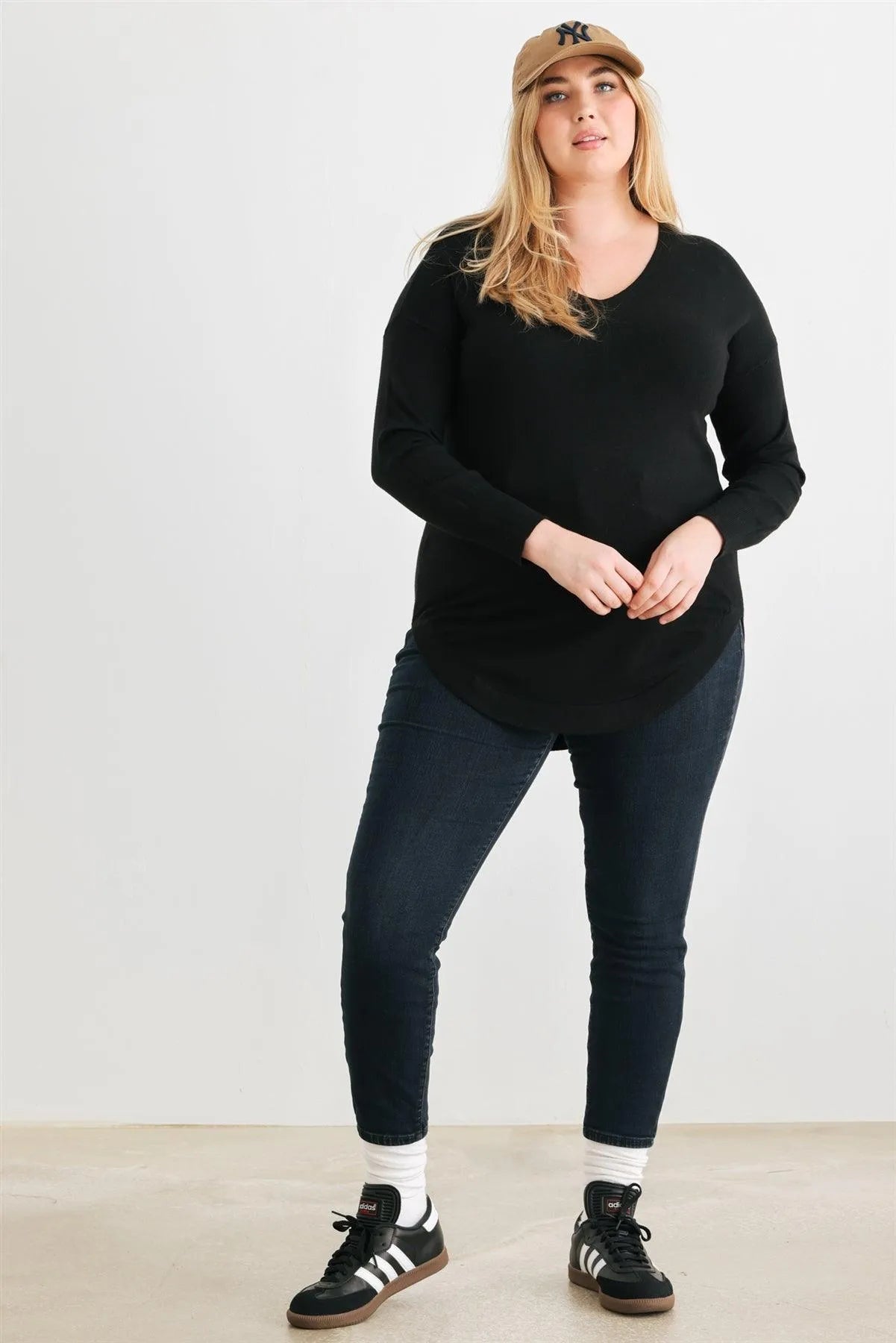 Plus Size Black Knit Back Lace-Up Curved Hem Sweater /1-1-1 - Tasha Apparel Wholesale