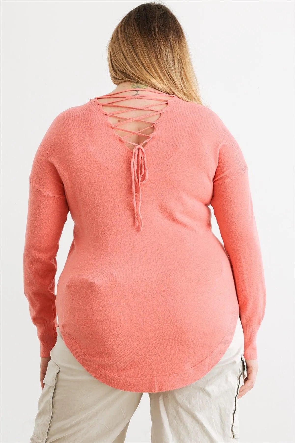 Plus Size Coral Knit Back Lace-Up Curved Hem Top - Tasha Apparel Wholesale