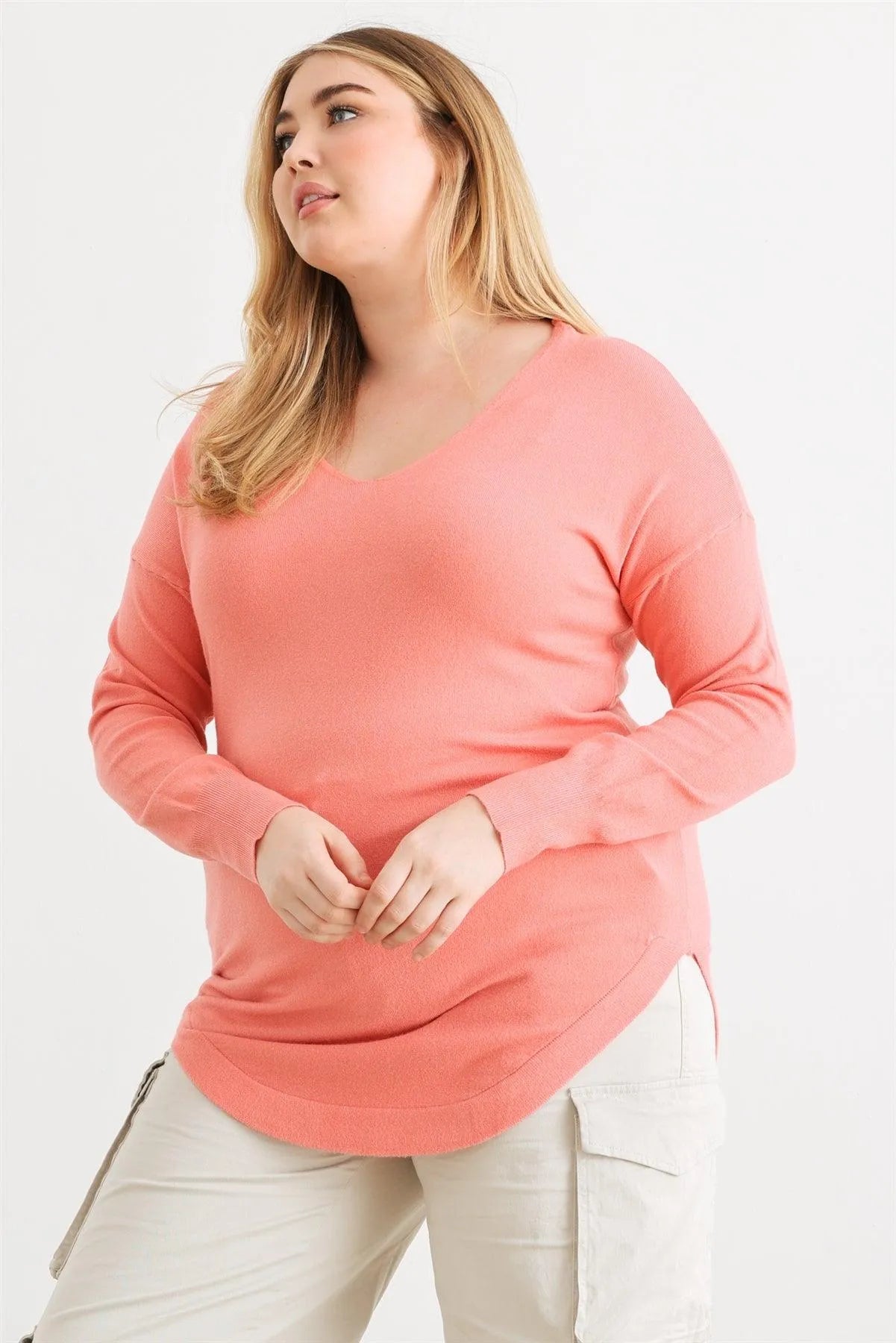 Plus Size Coral Knit Back Lace-Up Curved Hem Top - Tasha Apparel Wholesale