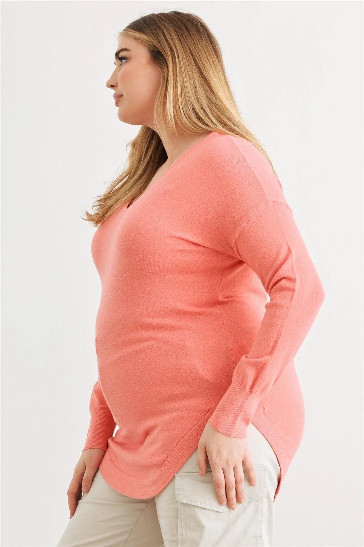 Plus Size Coral Knit Back Lace-Up Curved Hem Top - Tasha Apparel Wholesale