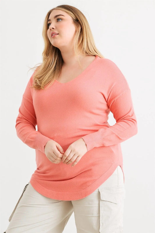 Junior Plus Coral Knit Back Lace-Up Curved Hem Top /2-1-1 - Tasha Apparel Wholesale
