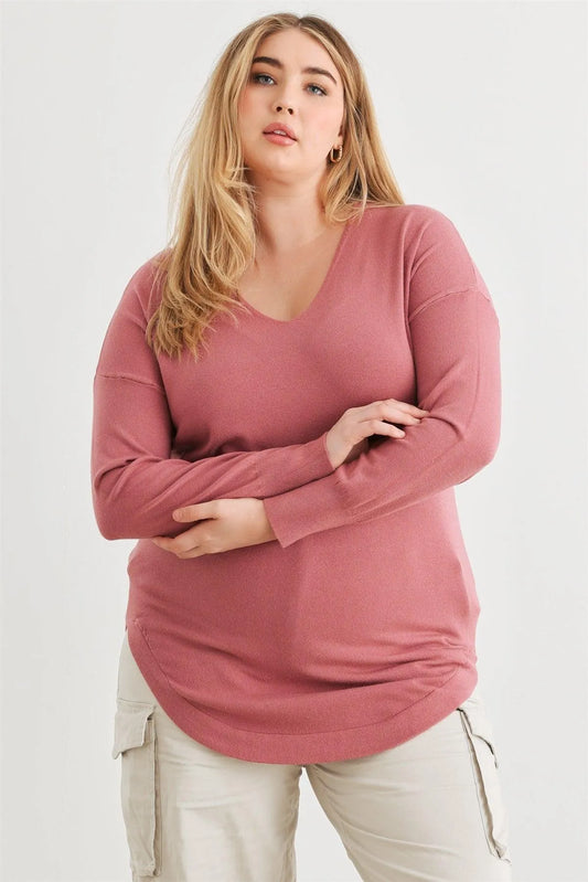 Plus Size Mauve Knit Back Lace-Up Curved Hem Top - Tasha Apparel Wholesale