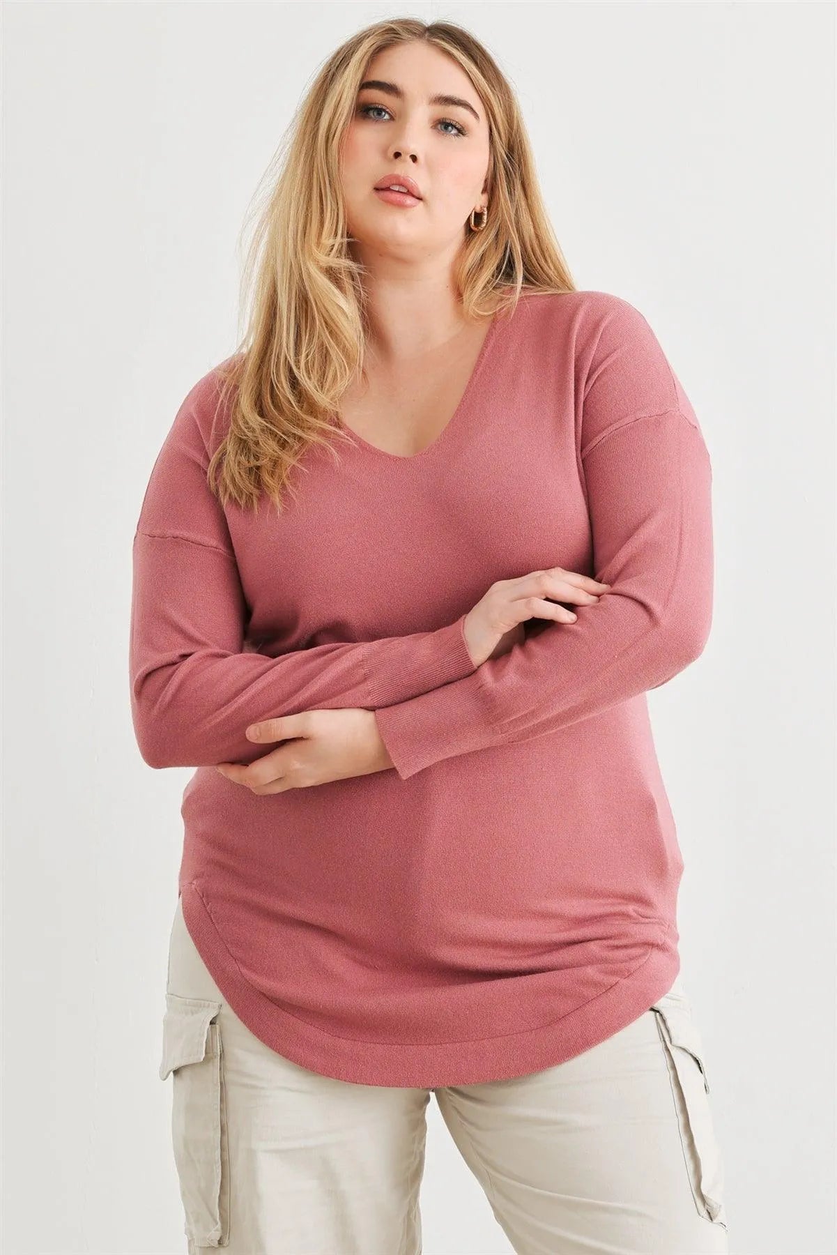 Junior Plus Dark Mauve Knit Back Lace-Up Curved Hem Top /1-2-2 - Tasha Apparel Wholesale