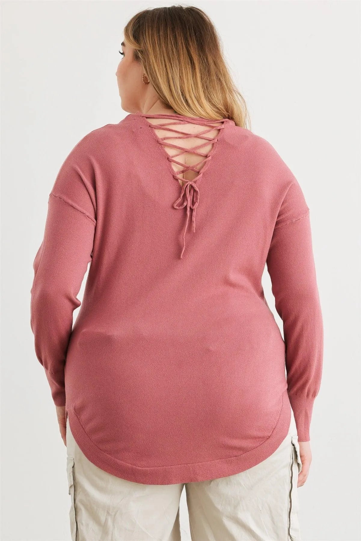 Junior Plus Dark Mauve Knit Back Lace-Up Curved Hem Top /1-2-2 - Tasha Apparel Wholesale